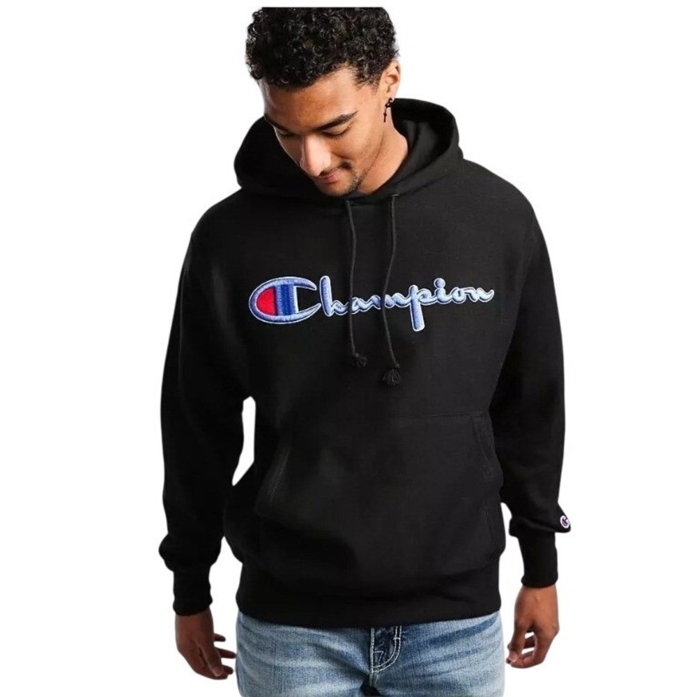 Champion Reverse Weave Hoodie Mens Medium Black Excellent Embroidered GF68 BKC